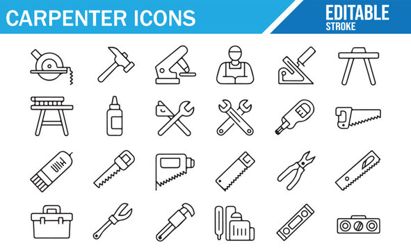 Carpentry and woodcraft outline icons for construction branding projects