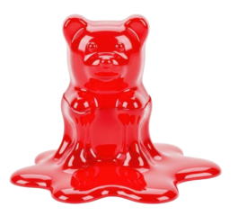 A red gummy bear sculpture melting on a white surface, showcasing a unique artistic concept.