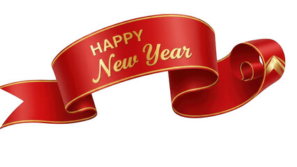 Red ribbon with happy new year text isolated on transparent background for greeting cards and celebration