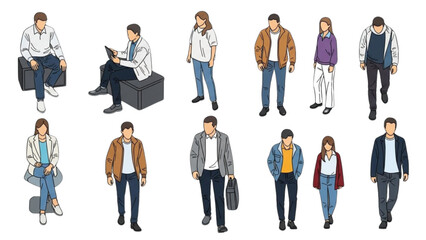 Isometric auto cad drawing of diverse people for architectural visualization.