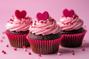 Valentine's Day Heart Cupcakes on a Pink Background.