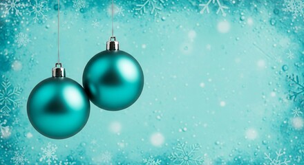 Two blue Christmas ornament ball with falling snowflake on blue background for winter celebration, New Year, holiday season. copy space