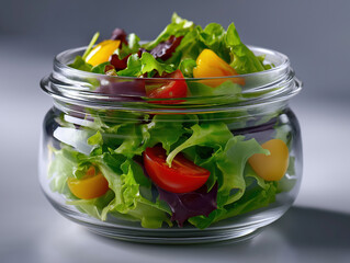 Fresh salad in a clear glass jar with cherry tomatoes and lettuce
