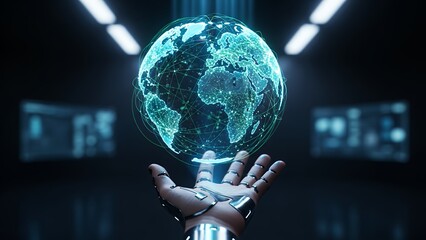 Futuristic holographic projection of the planet Earth held by a robotic hand, representing global connectivity and advanced technology