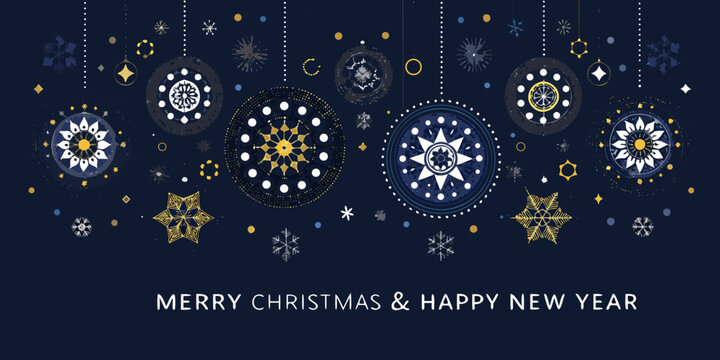 Elegant christmas ornaments and festive decorations on a dark blue background