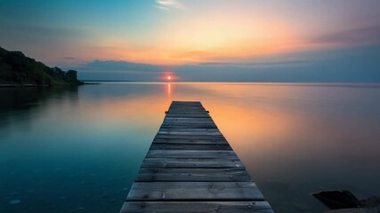 Video A serene scene of a dock extending into the calm waters at sunset