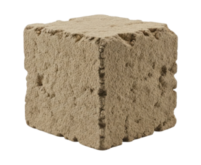 Close-up view of a rough-textured, square-shaped, light-brown concrete block, isolated on white.