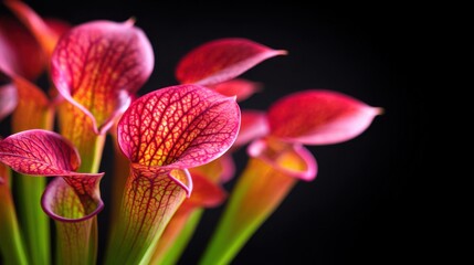 Fototapeta premium Vibrant pink pitcher plants with intricate veining against a dark background, showcasing natural beauty