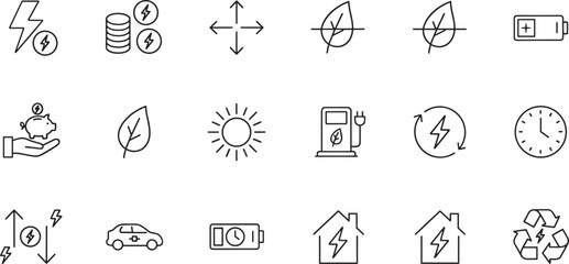 Eco energy conservation, renewable power, electric vehicle charging, sustainability efficiency, and green technology line icon set for modern environmental illustrations.