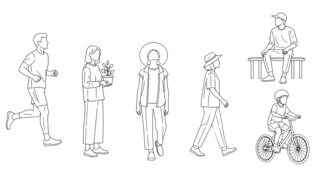 Set of people in an auto cad drawing showing various lifestyle activities.