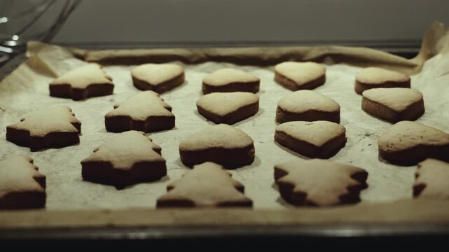 undecorated Christmas gingerbread cookie on oven sheet freshly baked. Desaturated footage easily color matched