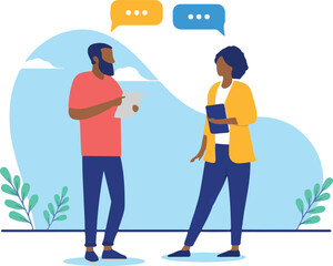 Black businessman and businesswoman dialogue - Man and woman standing talking and working together. Flat design vector illustration with white background.
