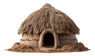 A detailed image of a traditional mud hut with a thatched roof, showing intricate details.