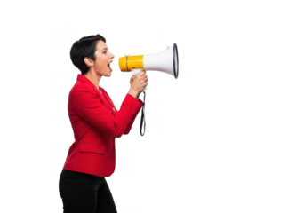 A determined woman in a red jacket speaks forcefully into a megaphone isolated on transparent background