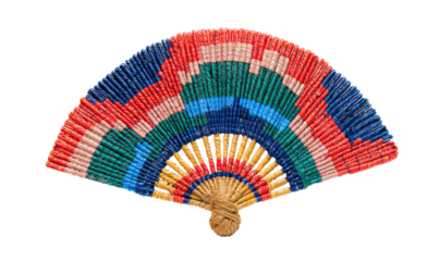Colorful hand fan with intricate design, showcasing vibrant hues and artistic craftsmanship.