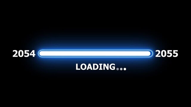 New year 2055 loading bar animation Year changing from 2054 to 2055. Loading bar from 2054 to 2055 new year transfer animation. Almost reaching New Year on black background.