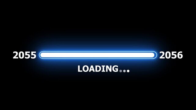 New year 2056 loading bar animation Year changing from 2055 to 2056. Loading bar from 2055 to 2056 new year transfer animation. Almost reaching New Year on black background.