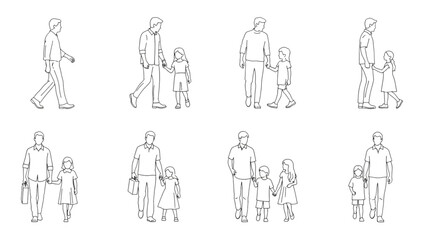 Human figures set for architectural plans, an auto cad drawing of a family.