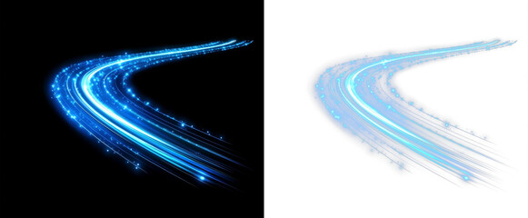blue neon light line effect on black background and isolated on transparent background PNG