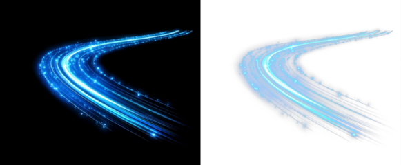 blue light trail swirl effect on black background and isolated on transparent background PNG