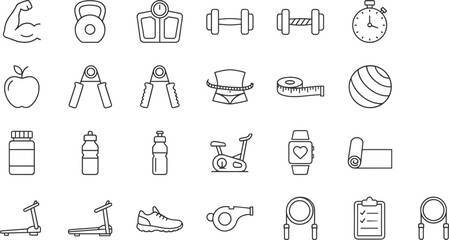 Fitness and gym equipment line icons featuring workout tools, nutrition elements, exercise gear, training accessories, health tracking devices, and wellness lifestyle symbols.