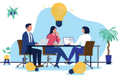 Brainstorm meeting in office - Team or group of creative businesspeople sitting at table coming up with idea for business and project together. Flat design vector illustration on white background.