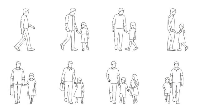 Human figures set for architectural plans, an auto cad drawing of a family.