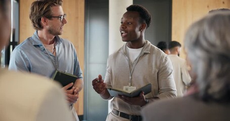 Manager, training group and orientation with notebook for company policy, job overview or learning. Internship, mentor and people at induction in boardroom for onboarding and employee responsibility