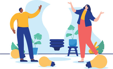 Brainstorming ideas - Businessman and woman coming up with new idea for business and company, smiling with big light bulb. Flat design vector illustration with white background.