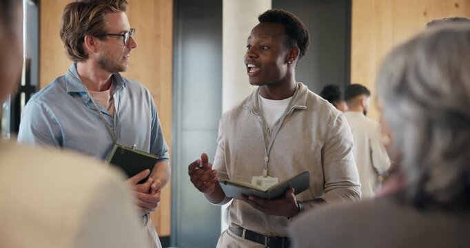 Manager, training group and orientation with notebook for company policy, job overview or learning. Internship, mentor and people at induction in boardroom for onboarding and employee responsibility