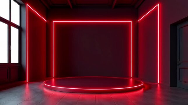 A minimalist room with red neon lights forming a glowing frame on the walls and ceiling, and a circular neon light on the floor
