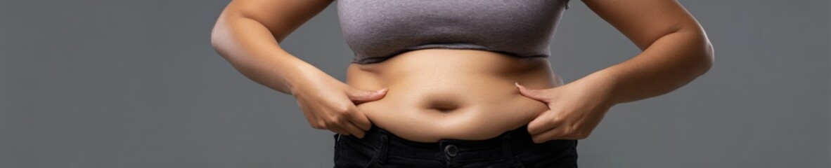 Asian young female pinching belly fat on abdomen, highlighting weight loss and body image concerns