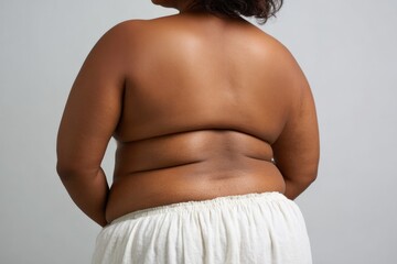 Back view of african female adult with curly hair and white skirt