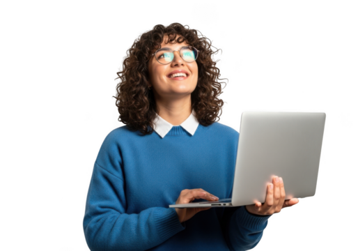 A joyful woman with curly hair and glasses wearing a blue sweater holds a laptop and looks upwards with a bright smile isolated on transparent background - Powered by Adobe