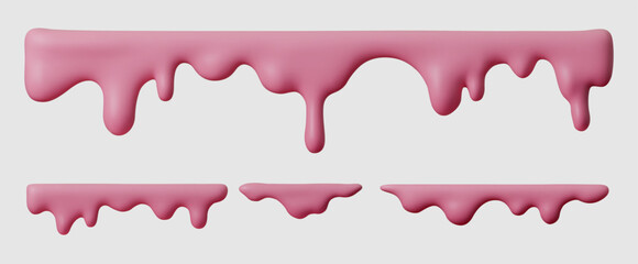 Pink 3D dripping paint borders, glossy strawberry cream or jam texture. Vector liquid drops isolated on clean background, flowing milky splashes for sweet, dairy or cosmetic design frames.
