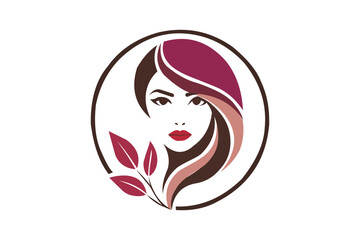 Elegant Beauty Salon Logo with Woman Face, Stylish Hair and Leaf Elements – Modern Cosmetic Branding Design.  Resizable and editable, EPS 10.