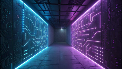 Neon Circuit Hallway With Blue Purple Glow