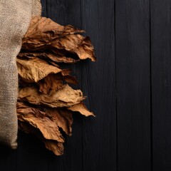 Dried tobacco leaves in burlap on dark wooden background