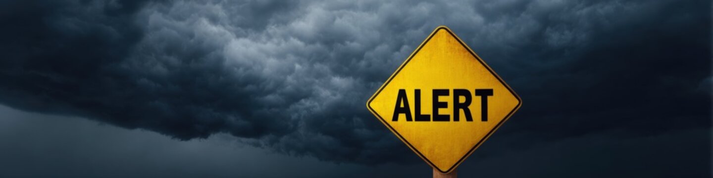 Storm clouds looming with a yellow alert sign warning