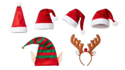 Collection of christmas hats and reindeer antlers on transparent background