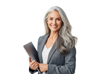Professional mature woman with long flowing silver hair wearing a smart grey blazer holding a digital tablet isolated on transparent background