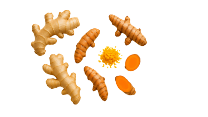 Professional flat lay of fresh ginger roots, turmeric roots, and sliced turmeric pieces isolated on a light background.