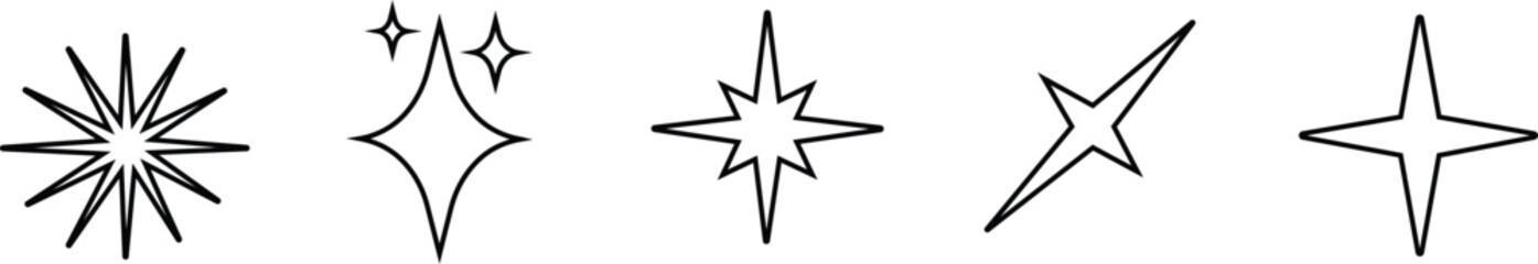 Obraz premium Sparkle Starburst Icon Set Shining Light Effect Symbol Collection Featuring Radiant Twinkle, Glow, Shine, Sparkling Star Group in Line Style for Decorative Graphic Vector Elements