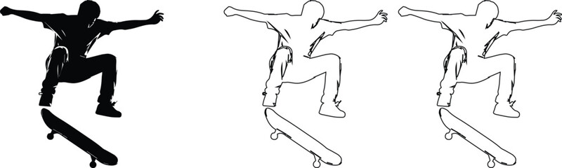 Set of three skateboarder performing trick icons in silhouette white fill and outline styles representing extreme sports