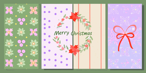 Colorful christmas patterns and festive greetings displayed on rectangular cards © PabanBiswas