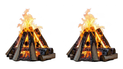 Two burning campfires with wooden logs on transparent background