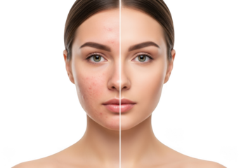 Split face comparison showing skin transformation from redness to clear complexion isolated on transparent background