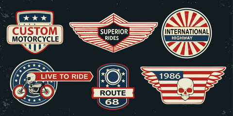 Vintage motorcycle patches and emblems with classic american road trip themes