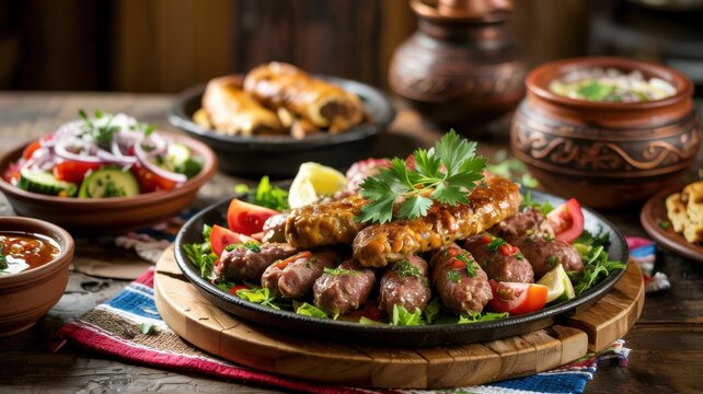 National dishes of Bulgarian cuisine. Kebabs are pieces of meat on a skewer, namely fried sausages without a shell, which are prepared from minced meat, pork, beef and spices.