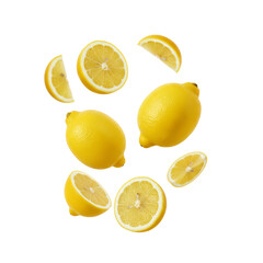 vibrant citrus explosion dynamic arrangement of lemons and slices on a void surface isolated